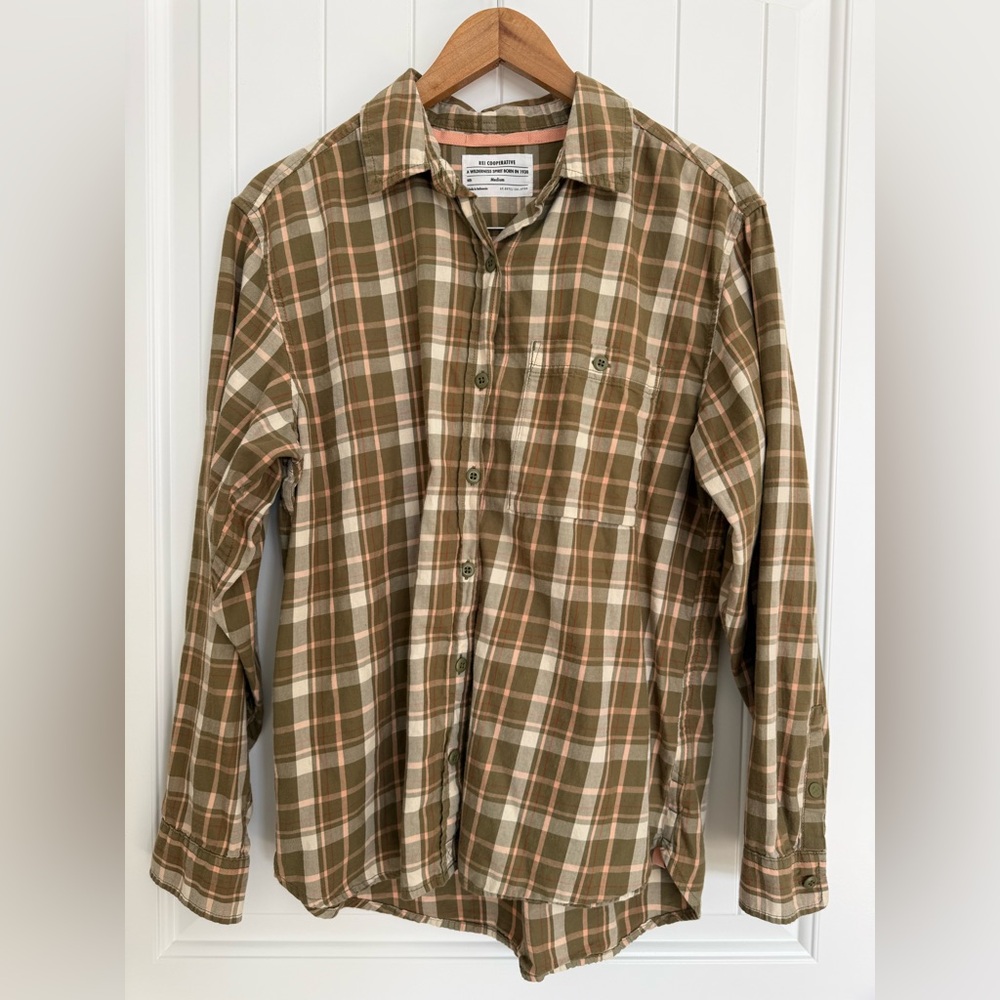 REI Co-Op Women's Northwoods Plaid Flannel Shirt Medium Olive Cotton Outdoorsy